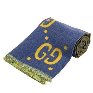 GUCCI GG Jacquard 495592 Navy Light Brown Wool Silk - Scarf